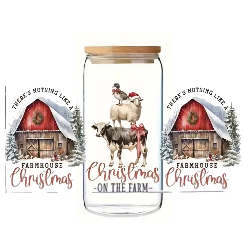 CHRISTMAS DECORATED Red Barns w/ Cows 16oz Glass Libbey cup